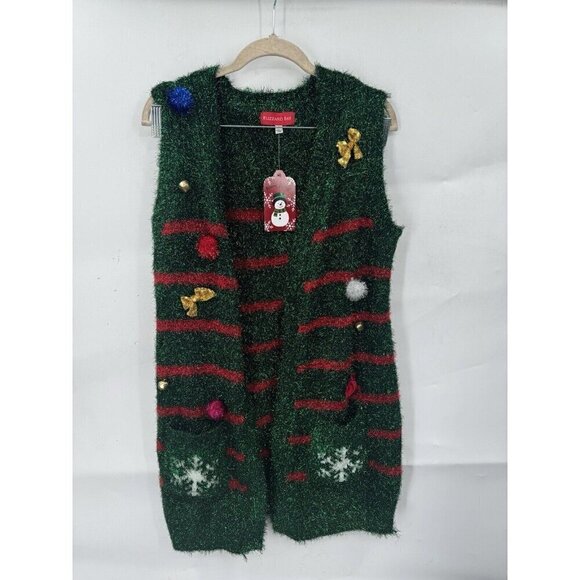 Blizzard Bay Christmas Sweater Women Small Green Holiday Sequin Bow Eyelash Knit - Picture 1 of 10